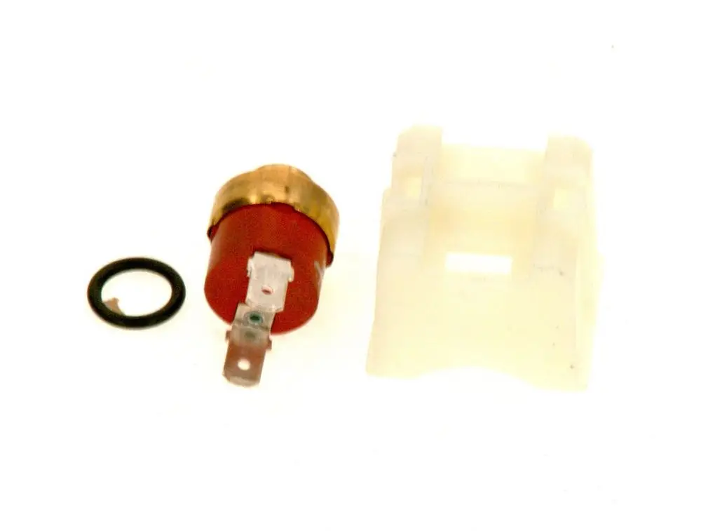 Temperaturregler von Bosch mit rotem und goldenem Gehäuse, einem Kontakt und einer transparenten Halterung, daneben eine schwarze Dichtung.